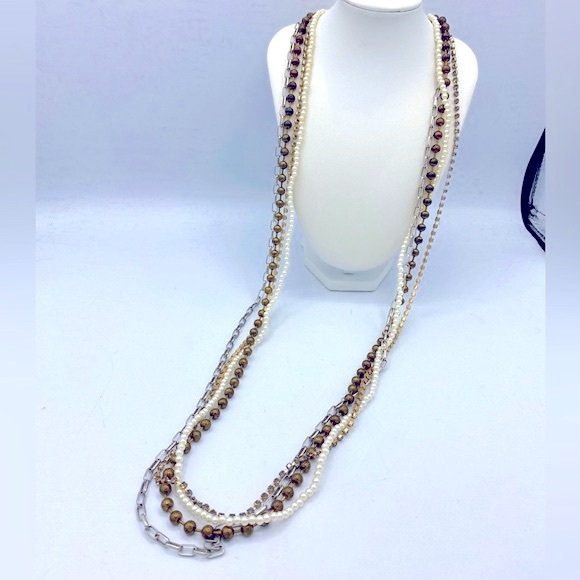 Chicos Multi Strand,Textured Long Pearl Bead Rhinestone Chain Bohemian Necklace - Picture 1 of 9